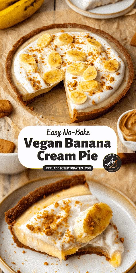 Vegan Banana Cream Pie - Addicted to Dates Vegan Cream Pie, Vegan Banana Cream Pie, Whipped Cream Cookie, Vegan Custard, Vegan Bakes, Bake Banana, Banana Cream Pie Recipe, Vegan Baking Recipes, Biscoff Spread