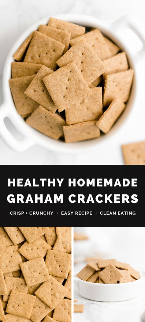 This healthy graham crackers recipe is EASY to make. Only 4 ingredients! They’re crunchy, lightly sweetened & full of cinnamon flavor. They taste JUST like the store-bought ones! SO good!! (Naturally vegan, clean eating, egg free & dairy free. Great gluten free options too!) Best homemade graham crackers recipe. Mini cinnamon graham crackers. Healthy graham crackers without honey. Vegan cinnamon graham crackers recipe. Homemade graham crackers dairy free. Healthy crackers recipe clean eating. Healthy Graham Crackers, Graham Crackers Recipe, Cinnamon Graham Crackers, Healthy Crackers, Graham Cracker Recipes, Healthy Homemade Snacks, Crackers Recipe, Easy Clean Eating Recipes, 4 Ingredient Recipes