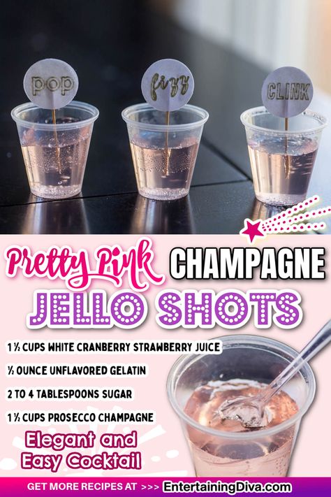 Pretty Pink Champagne Jelly Shots | Champagne Jello Shots Prosecco Jello Shots Recipe, Rose Champagne Jello Shots, Pink Jello Shots, Bachelorette Party Jello Shots, Champagne Jello Shots Recipe, Pink Jello, Blue Hawaiian Jello Shots, Pina Colada Jello Shots, Champagne Jello