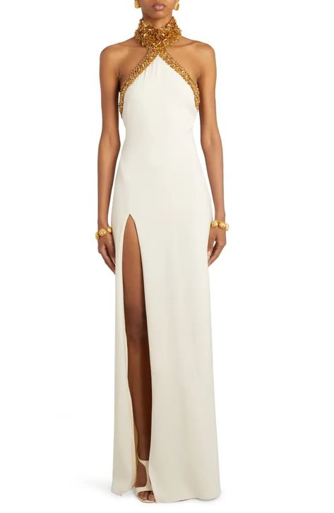 Women's Clothing | Nordstrom Tom Ford Gown, Gold Halter Dress, Long Beaded Dress, Henna Dress, Couture Evening Gowns, Tom Ford Dress, Halter Neck Gown, Silk Halter Dress, High Low Midi Dress