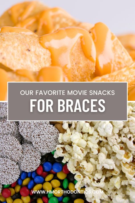 Eating at the movie theater can be a daunting task. What should you eat? There are so many choices! But when you have braces, it can be a bit more complicated. New Braces Food, Braces Safe Snacks, Meals For People With Braces, Snacks For Braces Ideas, Food For Braces Meals Ideas, Braces Must Haves, Candy You Can Eat With Braces, Soft Snacks For Braces, Braces Friendly Snacks