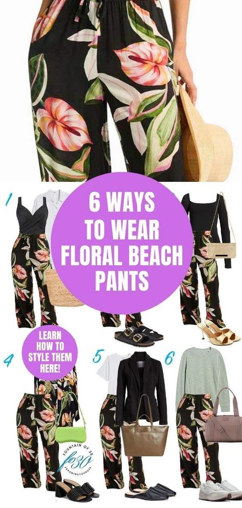 Style one pair of floral print resort wear beach pants 6 ways and pack light on vacation. Here's how to style them. #travelstyle #styletips #howtowear What To Wear With Beach Pants, How To Style Printed Pants, Floral Palazzo Pants Outfit, Pixie Pants Outfit, Black Pants Summer, Picnic Outfit Summer, Palazzo Outfit, Petal Pants, Floral Pants Outfit