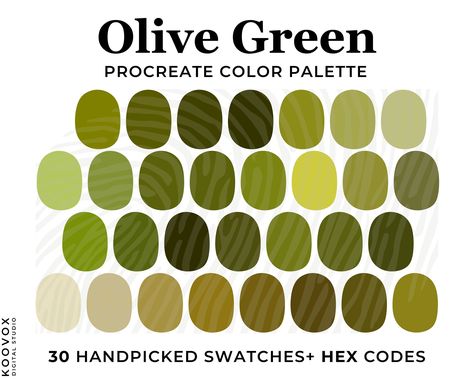 OLIVE GREEN COLOR PALETTE FOR PROCREATE Green Color Shade Combination with green is a Nature color palette for Procreate, Canva, and beyond. Perfect for digital illustration, pattern design and branding.  This  30 handpicked colors, ready to install in a Procreate palette swatches file. Buy this more than one Procreate Color Palette or bundle with complimentary to save on normal prices.  Browse our shop for more useful Procreate tools. https://www.etsy.com/uk/shop/KoovoxDigitalStudio  ❤ WHAT IS INCLUDED IN INSTANT DOWNLOAD - 1x swatch file compatible with the Procreate App - 1x jpg file to pull out your colors for goodnotes, notability, photoshop, illustrator... - 1x jpg file showing HEX codes After downloading this file open in up in procreate and your palette will be ready to go at your Olive Colour Palette, Olive Green Color Palette, Procreate Etsy, Color Palette For Procreate, Procreate Palette, Procreate Color Palette, Green Color Palette, Modern Color Schemes, Green Color Schemes