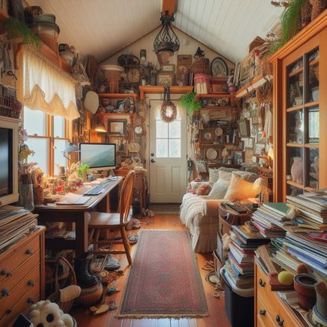 Cottagecore Attic, Cottage Home Office, Cozy Cottage Home, Cottagecore Office, Cozy Hobbies, Attic Office, Cottage Home, Beautiful Rooms, She Sheds