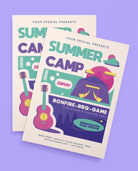 Summer Camp Flyer Template AI, EPS, PSD Camping Flyer Design, Camp Flyer, Summer Camp Advertisement Ideas, Summer Camp Brochure Design, Summer Camp Ads, Summer Camp Advertisement, Summer Camp Flyer Design, Bbq Games, Summer Camps For Kids