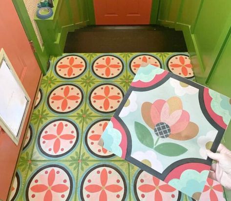 The 10 Best Painted Tile Floor DIYs We’ve Ever Seen Paint Floor Tile Bathroom, Hand Painted Tile Floor, Painted Tile Kitchen Floor, Hand Painted Floor Tiles, Painted Patio Pavers Ideas, Diy Painted Floor Tiles, Paint Floor Tile, Paint 12x12 Tile, Painting Floor Tile