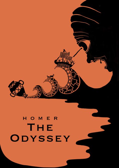 The Odyssey by Homer, black and orange greek mythology inspired book poster depicting the escape from the cyclops. Greek Mythology Wall Prints, Homer Greek Mythology, Greek Mythology Prints, Ancient Greek Mythology Art, Greek Gods Poster, Greek Mythology Graphic Design, Mythology Graphic Design, The Odyssey Art, The Odyssey Aesthetic