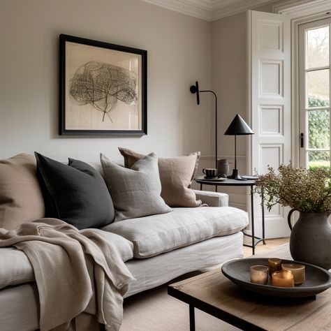 "Step into the world of neutral tones and discover the magic they bring to your living room. Our curated set of black, grey, and beige cushions on a cream sofa provides a balanced blend of subtlety and charm. 🌆 Shop now and use CMC10 for an exclusive 10% off your purchase. Let the neutrals reign supreme in your decor! 🎨 #cushioncover #cushion #cushions #cushioncovers #homeinspo #homedeco Brown Beige Grey Living Room, Grey Couch With Neutral Pillows, Cream Grey And Brown Living Room, Grey Sofa Neutral Cushions, Beige And Black Decor Living Room, Living Room Inspiration Neutral And Black, Cream Sofa Black Cushions, Light Gray Couch With Pillows, Beige Couch Cushion Ideas