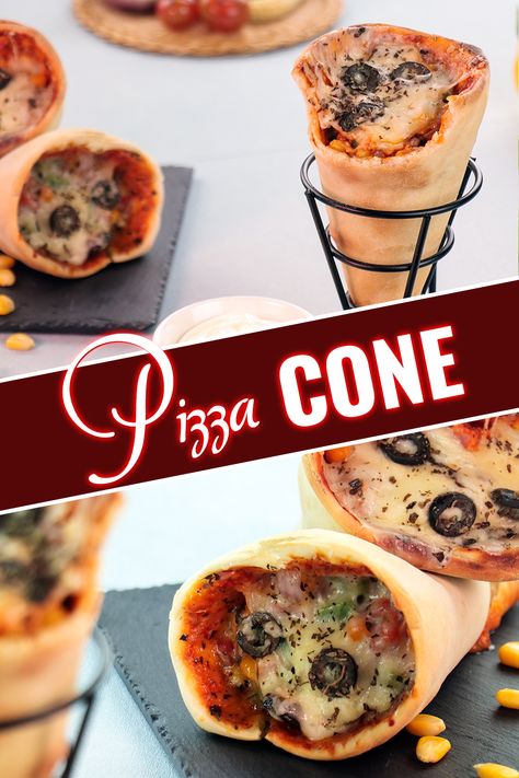 Pizza Cones Recipe, Food In A Cone, Pizza Cones How To Make, Pizza Cone Recipe, Pizza Street Food, Pizza In A Cone, Cone Pizza, Waffle Cone S’mores, Chocolate Friends