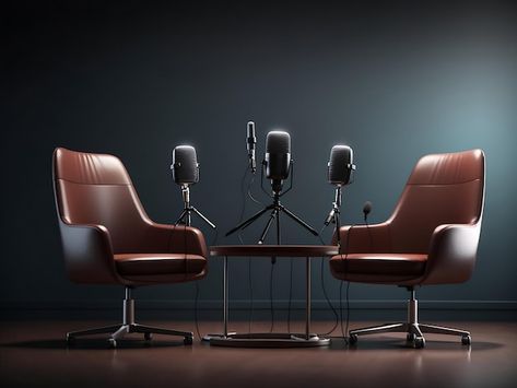 two chairs and microphones in podcast or interview room isolated on dark background Generative Ai Office Group Photo Ideas, Podcast Set Design Ideas, Youtube Set Up Background, Interview Background, Podcast Table, Podcast Pictures, Podcast Background, Podcast Space, Interview Room