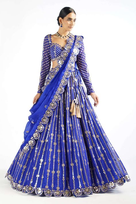 Royal Blue Lehenga, Vani Vats, Sheer Dupatta, Baju Kahwin, Mirror Work Blouse, Floral Mirror, Georgette Dupatta, Blue Lehenga, Bollywood Outfits