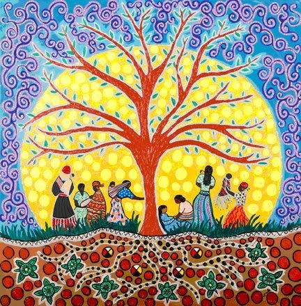 Art by Leah Dorion    We were  pleased to receive news today from  Metis artist and educator Leah Dorion  from Saskatchewan.  " I would like... Frida Art, Tree Of Life Art, Sacred Tree, Sacred Feminine, Tableau Art, American Indian Art, Naive Art, Indigenous Art, Native Art