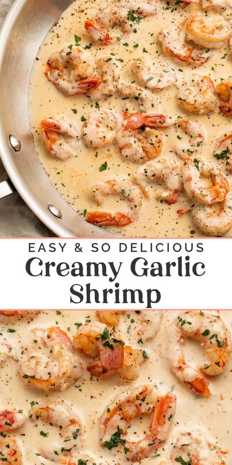 Impress everyone at the dinner table with this utterly divine creamy garlic shrimp recipe! Succulent shrimp, lightly seasoned and cooked to perfection, then swaddled in the most amazing cream sauce made with plenty of garlic and parmesan cheese. It's an incredible (and incredibly easy) one-skillet recipe you'll make again and again! Easy Creamy Shrimp Pasta, Shrimp Sauce For Pasta, Shrimp Garlic Recipes, Recipes With Breaded Shrimp, Shrimp With Sauce Recipes, Easy Dinner Recipes Not Pasta, Steak With Shrimp Cream Sauce, Saucy Dinner Recipes, Shrimp Recipes For One Person