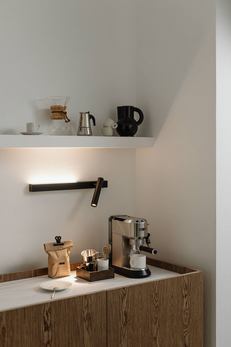 Kitchen Coffee And Bar Station, Coffee Space Office, Coffee Corner Apartment, Minimal Coffee Station, Coffee Space In Kitchen, Scandinavian Coffee Bar, Coffee Corner Living Room, Coffee Bar In Office, Coffee Bar In Living Room