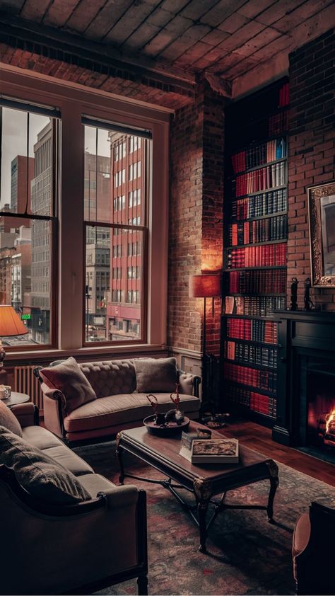 Stylish New York Living Room Design New York Loft Aesthetic, Cozy New York Apartment, New York Living Room, New York Apartment Aesthetic, Loft Aesthetic, New York Living, New York Loft, Whimsical Home, Chic Aesthetic