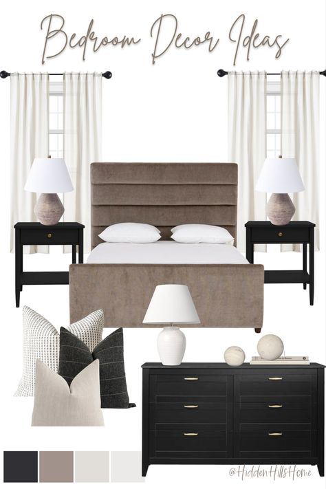 Primary bedroom mood board featuring a brown upholstered bed with black accent furniture Beige And Black Bedroom, Black And Cream Bedroom, White And Beige Bedroom, Taupe Bedroom, Bedroom Neutral, Black Bedroom Decor, Black Bedroom Furniture, Neutral Bedrooms, Beige Bedroom