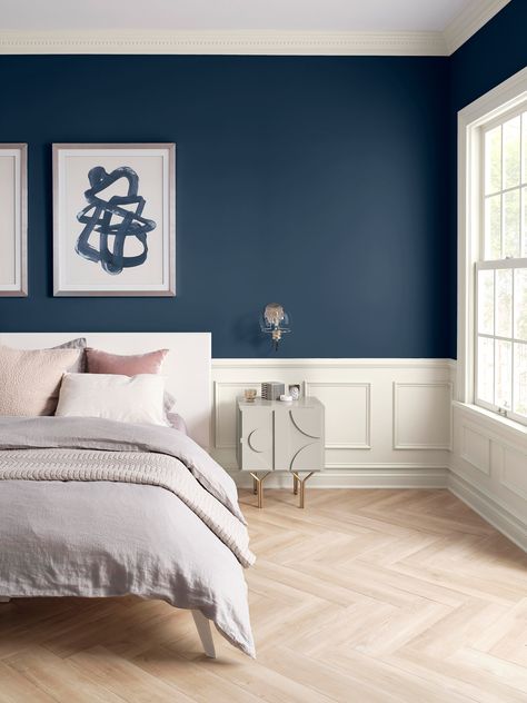 Sherwin-Williams Color of the Year 2020: A New Neutral | Real Simple Navy And Grey Bedroom Master Accent Wall, Sherwin Williams Indigo, Florida Bedroom, Navy Bedrooms, Blue Bedroom Walls, White Wainscoting, Navy Walls, Bedroom Redo, Sherwin Williams Colors