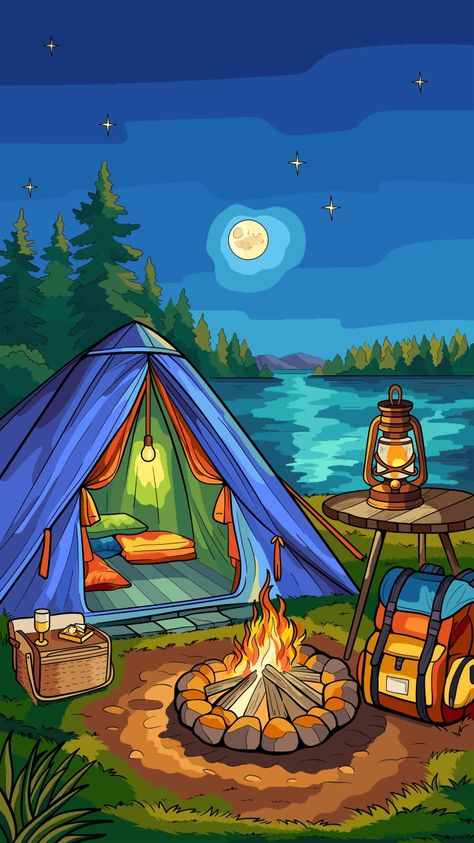 Camping Scene Painting, Camping Sketch Drawings, Campsite Drawing, Camping Paintings, Tent Painting, Campfire Drawing, Tent Drawing, Squishy Ideas, Simple House Drawing