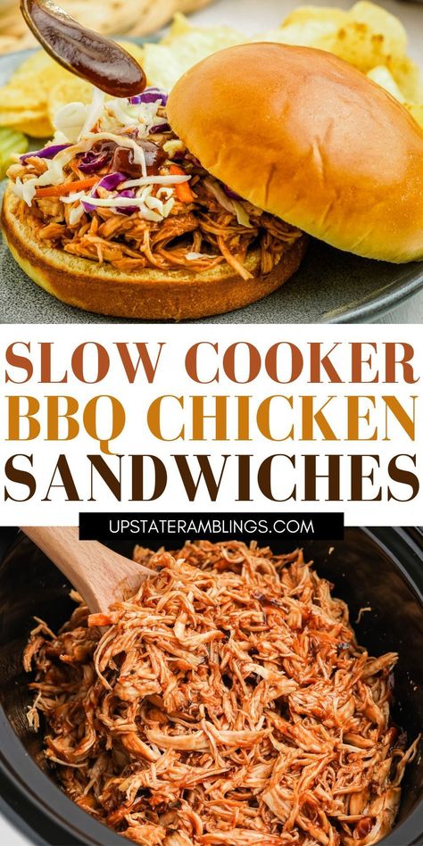 Slow Cooker BBQ Chicken Sandwiches Pulled Bbq Chicken Sandwich, Slow Cooker Pulled Chicken, Sandwiches Healthy, Bbq Chicken Sandwiches, 3 Ingredient Recipe, Slow Cooker Bbq Chicken, Bbq Chicken Sandwich, Slow Cooker Bbq, 3 Ingredient Recipes