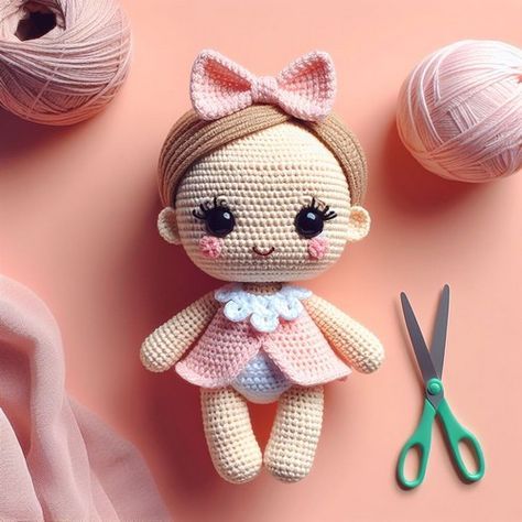 Baby Doll Crochet Pattern Free, Crochet Toys For Babies, Crochet Baby Dolls Free Patterns, Crochet Baby Doll, Baby Amigurumi, Plushie Patterns, Crochet Animals Free Patterns, Pink Yarn, Crochet Doll Pattern