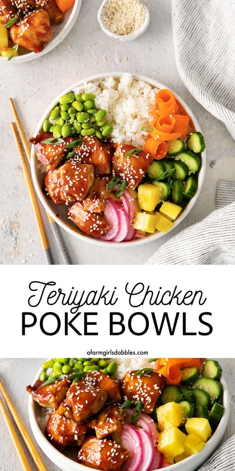 These Teriyaki Chicken Poke Bowls feature sushi rice, teriyaki chicken, pineapple, and your choice of fresh toppings for an easy, healthy lunch or dinner that's loaded with fresh flavor. The ability to customize the toppings makes these a hit with the whole family! Alfredo Casserole, Teriyaki Chicken And Rice, Poke Bowl Recipe, Healthy Bowls Recipes, Poke Bowls, Resep Salad, Rice Bowls Recipes, Healthy Bowls, Healthy Dinner Recipes Chicken