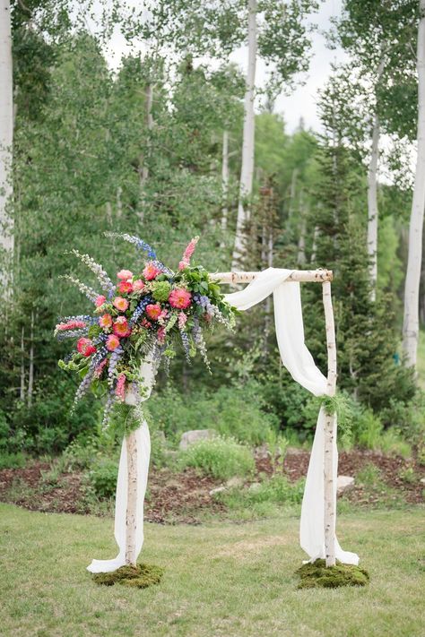 Wildflower Wedding Ceremony, Purple Delphinium, Pink Larkspur, Peony Blue, Wildflower Centerpieces, Bells Of Ireland, Fern Wedding, Coral Charm Peony, Fabric Drape