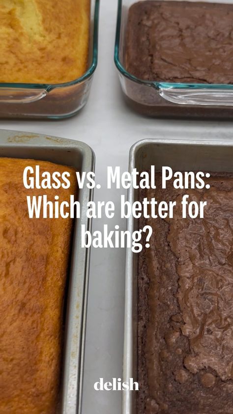 Delish | Glass vs. Metal Pans! A choice that can make or break your bake. Remember this trick to nail your oven-baked dishes and cakes every time… | Instagram Baking Chart, Kitchen Cheat Sheets, Kitchen Tricks, Baking Hacks, Rule Of Thumb, Glass Baking Dish, Cooking Hacks, Baking Desserts, Homemade Cakes