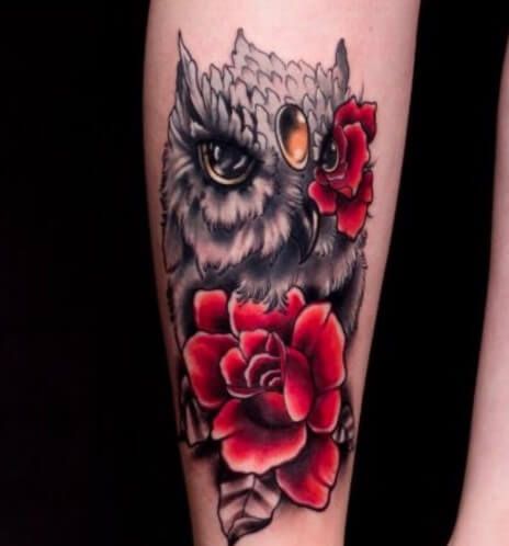 12+ Best Owl and Rose Tattoo Designs - PetPress Owl And Rose Tattoo, Tattoos On Back Of Neck, Owl Tattoo For Women, Tattoos On Back, Rose Flower Tattoos, Tattoos Women, Female Shoulder, Leg Tattoos Women, Rose Tattoo Design