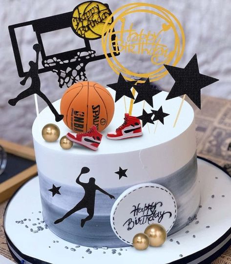 Basketball Cake Topper Set Cake Topper Set Includes Happy Birthday Basketball Goal 4.3x3.3 inch Happy Birthday Round Gold 4.1 inch Red/Black Shoe 2.1x1.2 inch Spalding Mini Basket Ball 2.2 inch Slam Dunk Man 4.1 inch Slam Dunk Man 4.5 inch (1)Big Star 3.3 inch (2) Medium Star 2.3 inch (2) Small Star 1.4 inch (2) Extra Small Star 0.6 inch (5) Medium Gold Balls 0.7 inch This fun basketball Cake Topper set f work best on 8-12inch cakes or regular cupcakes. Decorate your birthday cake with these bas Basketball Cake Ideas Boys, 21 Years Birthday Cake, Basketball Cake Design, Basketball Cake Ideas, Basketball Party Decor, Basketball Theme Cake, Happy Birthday Basketball, Cake Basketball, Basketball Cake Topper