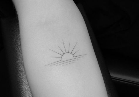 Sunshine Forearm Tattoo, Sun Rising Over Water Tattoo, Dainty Sunrise Tattoo, Small Sun Rise Tattoo, Rising Sun And Moon Tattoo, Sun Mountain Water Tattoo, The Sun Also Rises Tattoo, Rising Sun Tattoo Designs, Sun Setting Tattoo