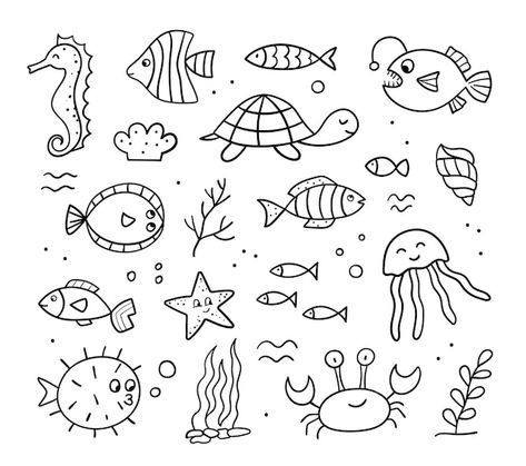 Ocean Life Doodles, Summer Doodle Art, Ocean Doodles Aesthetic, Summer Doodles Easy, Ocean Animal Doodles, Florida Doodles, Beach Doodles Easy, Drawing Collage Doodles, Ocean Doodles Simple