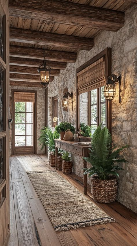 Rustic Hallway Design Ideas: Stunning Inspirations to Transform Your Space - Remodr Hallways Ideas, Hallway Design Ideas, Rustic Entryway Table, Home Sanctuary, Brick Archway, Rustic Hallway, Stone Archway, Wooden Beams Ceiling, Rustic Wooden Bench