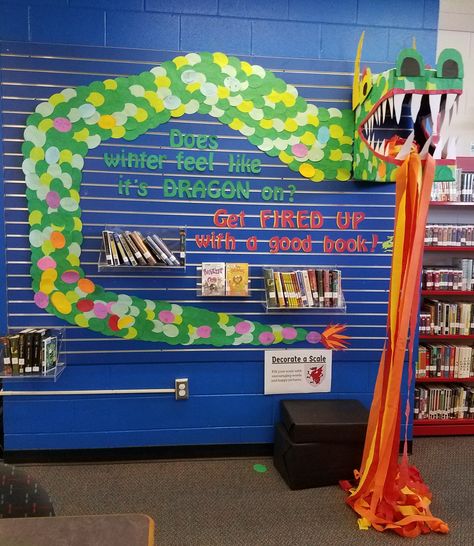 Dragon Library Display, Dragon Bulletin Board Ideas, Dragon Classroom Theme, Dragon Bulletin Board, Dragon Classroom, Book Display Ideas, Japanese Club, Ladybug Room, Dragon Classes