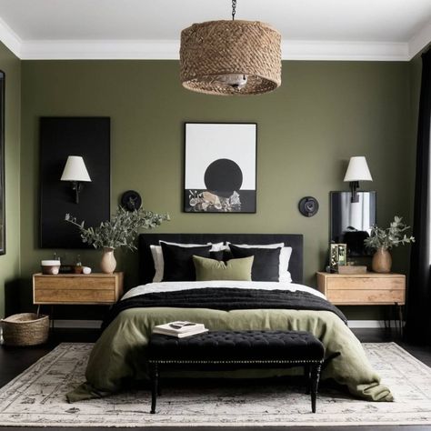 black bedroom | Olive Color: Your Guide for Decor Colors That Go With Olive Green | Decoist Bedroom Olive Green, Olive Green Rooms, Olive Bedroom, Olive Green Bedrooms, Black And Grey Bedroom, Bedroom Wall Decor Ideas, Green Bedroom Decor, Sage Green Bedroom, Black Bedroom Furniture