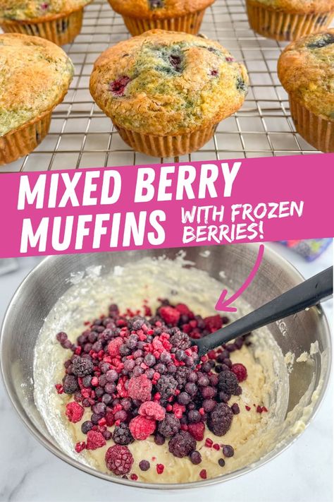 Frozen Berries Muffins, Mixed Berry Muffins Fresh Berries, Mix Berry Muffins, Frozen Cherry Muffins, Frozen Strawberry Muffin Recipes, Frozen Fruit Muffin Recipes, Mixed Berry Muffins With Frozen Berries, Recipes With Frozen Berries, Muffins With Frozen Fruit