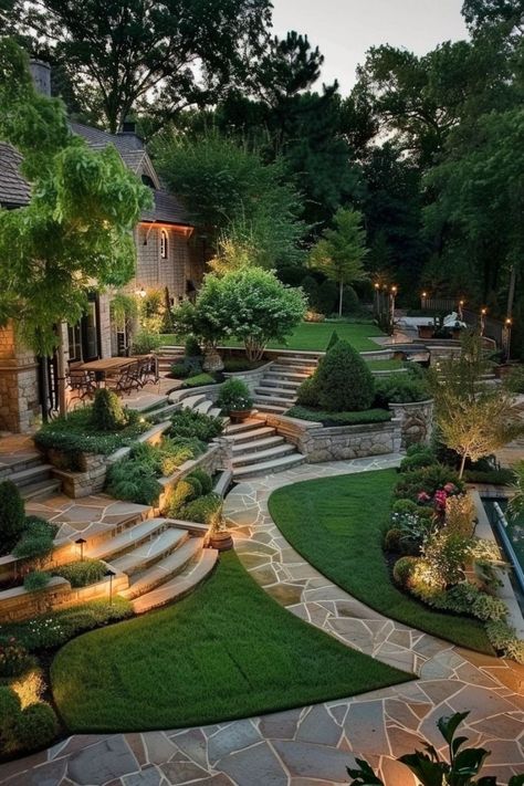 Tuscan Backyard Landscaping, Large Front Yard Landscaping, Estate Backyard, Modern Backyard Landscaping, Sloped Garden, Backyard Remodel, Big Garden, Home Garden Design, Modern Backyard