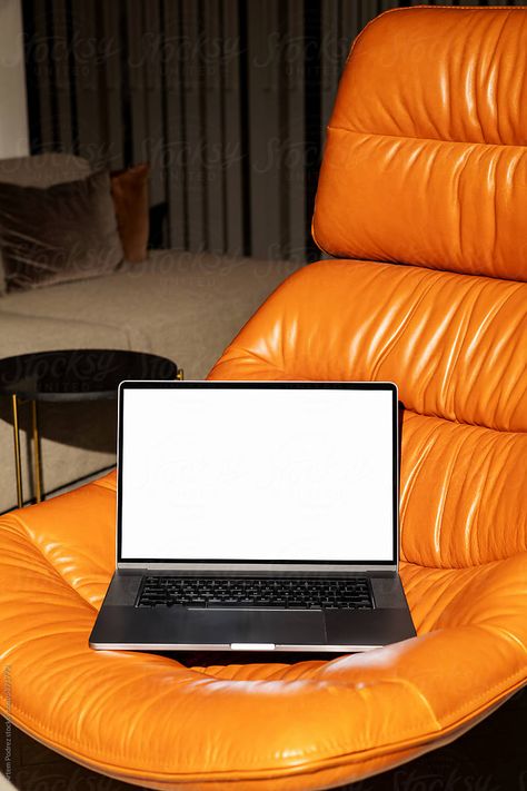 "Laptop Mockup On An Orange Designer Chair" by Stocksy Contributor "Artem Podrez" - Stocksy Laptop Mockup, Computer Mockup, Orange Laptop, Creative Fabric, Photography Mockup, Orange Phone, Designer Chair, Macbook Mockup, Ipad Mockup