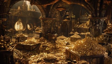 Chest Of Gold Coins, Treasure Concept Art, Gold Coins Aesthetic, Dnd Knight, Sigil Making, Pile Of Gold Coins, Ancient Serpent, Treasure Room, Treasure Aesthetic