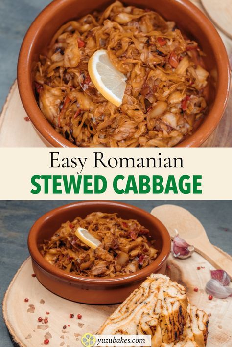 Make a traditional Romanian vegan stewed cabbage which is known to be slimming - suitable for keto diets too. Our cabbage recipe is super easy and 100% vegan too. #cabbage #slimming #romanian #stewed #tasty #vegan Stewed Cabbage Recipes, European Vegetable Dishes, Vegan Balkan Recipes, Cabbage Recipe Vegan, Cabbage Tomato Recipe, Romanian Food Traditional, Cabbage Vegan, Stewed Cabbage, Balkan Style