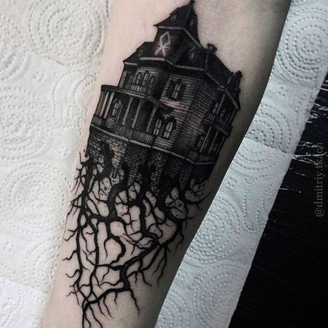 Haunted House Tattoo, Victorian Tattoo, House Tattoo, Castle Tattoo, Blackwork Tattoos, Tattoos Geometric, Creepy Tattoos, Spooky Tattoos, Gothic Tattoo