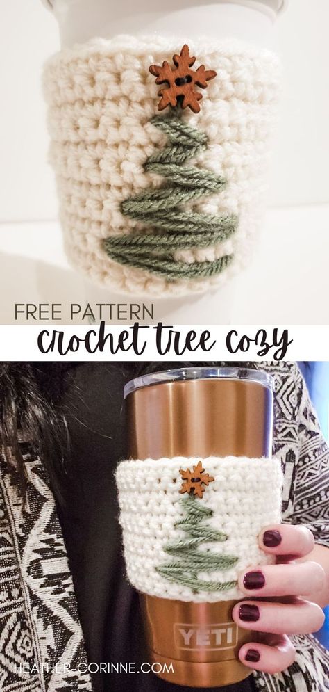 Two images of a crochet Christmas tree cozy on a reusable mug. The yarn is cream and green with a wooden snowflake button. The text reads 'free pattern crochet tree cozy' heather-corinne.com