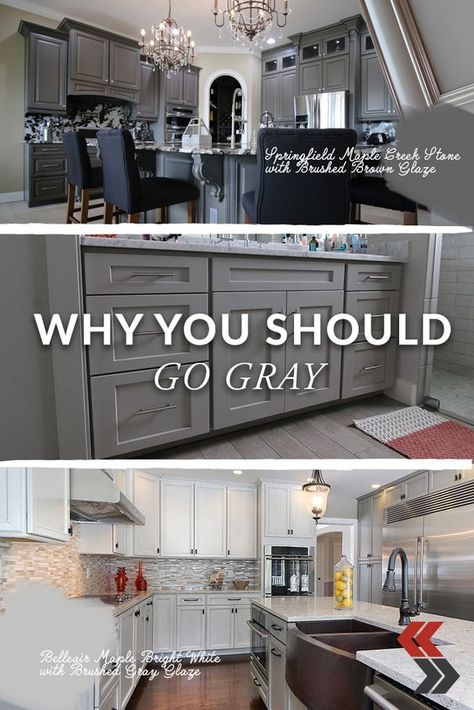 Gray has become one of the most popular neutral shades in cabinet design. #Gray Kitchen Ideas With Gray Cabinets, Warm Gray Kitchen Cabinets, Kitchens With Gray Cabinets, Kitchen Cabinets Makeover Colors, Grey Kitchen Cabinets Ideas, Grey Stained Kitchen Cabinets, Grey Cabinets Kitchen, Charcoal Gray Kitchen Cabinets, Grey Painted Cabinets