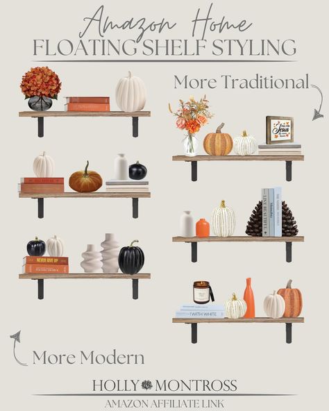 Continuing the fall saga…. We just had vacation 2 weeks ago and when we came back home, the fall breeze hit and has (for the most part) stayed ever since and I’m LOVING it. Whether it’s fall or just everyday shelf styling, clients always ask for help styling their shelves. So, here’s my take on shelf styling for fall courtesy of Amazons extensive fall decor. Enjoy! Click the link in my bio to shop my storefront and check out the “All the fall things” list at the top! #amazon #amazonhome ... Fall Built In Shelves Decor, Fall Shelf Styling, How To Style Shelves, Fall Decor Shelves, Fall Shelf Decor Ideas, Fall Shelf Decor, Floating Shelf Decor, Fall Things, Shelf Styling