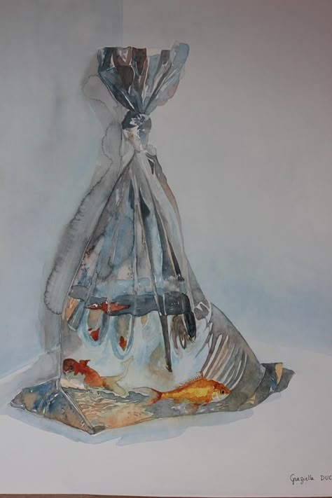 Goldfish Bag Drawing, Goldfish In A Bag Drawing, Fish In Bag Drawing, Fish In A Bag Drawing, Goldfish In Bag, Goldfish Bag, Goldfish In A Bag, Watercolor Still Life, Drawing Bag