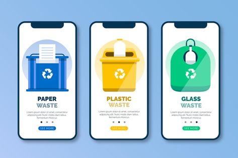 Recycle onboarding app screens set Free ... | Free Vector #Freepik #freevector #technology #phone #social-media #mobile Onboarding App, App Wireframe, Ui Color, Splash Screen, Web Ui Design, Social Media Apps, App Template, App Design Inspiration, App Interface