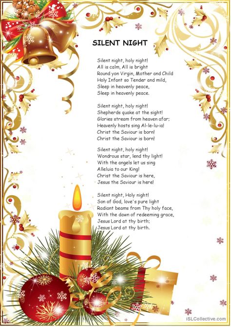 silent night: English ESL worksheets pdf & doc Silent Night Lyrics, Christmas Songs For Kids, Night Lyrics, Christmas Songs Lyrics, Creative Worksheets, Nights Lyrics, Christmas Lyrics, Christmas Pageant, Christmas Songs