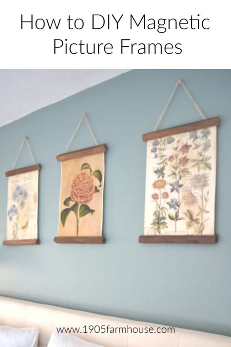 How to DIY a poster frame/picture frame using magnets and scrap wood trim to hang vintage prints or posters #1905farmhouse #diyproject #scrapwoodproject Upcycling, Poster Hanger Diy, Diy Poster Frame, Diy Poster, Hanging Picture Frames, Diy Picture Frames, Scrap Wood Projects, Poster Hanger, Painted Sticks