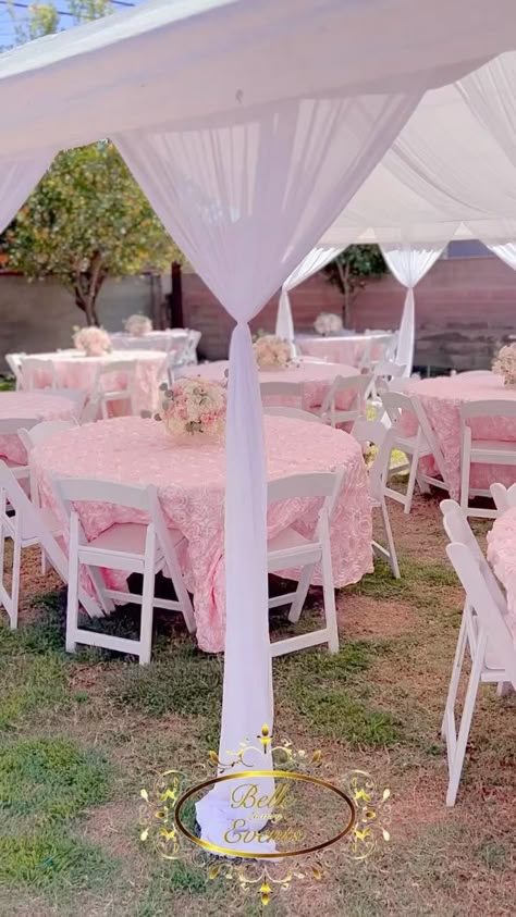 Canopy Party Decorations, Quinceañera Table Set Up, Quince Court Table, Pink Graduation Party Ideas, Lavender Quinceanera Ideas, Pink Birthday Ideas, Coquette Bday, Party Tent Decorations, Canopy Draping