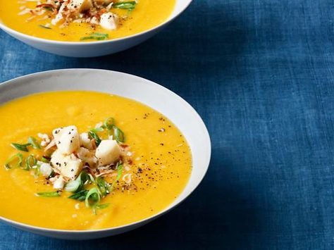 Get Roasted Butternut Squash Soup and Curry Condiments Recipe from Food Network Best Thanksgiving Appetizers, Curried Butternut Squash Soup, Thanksgiving Appetizer Recipes, Butternut Squash Recipes Soup, Squash Soup Recipe, Roasted Butternut Squash Soup, Condiment Recipes, Fall Soups, Thanksgiving Appetizers