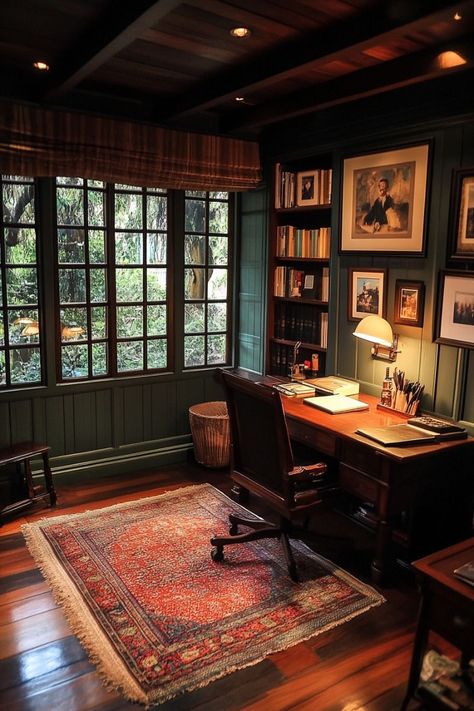 #gameroom #gamingcave #gamedesign #gamerlife #gamingsetup #homedecor #interiordesign #gamingideas #gamerroom #manCave Tudor Home Office, Wood Paneled Library Office, Mens Library Study, Interior English Style, English Manor Aesthetic, Old English Office, Old English Study, Old World Office, Dark Academia Home Office